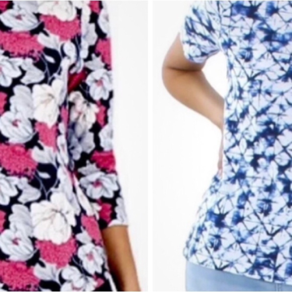 Two Charter Club Summer Tops: PXL Floral 3/4 & PL Blue/White Short Sleeve